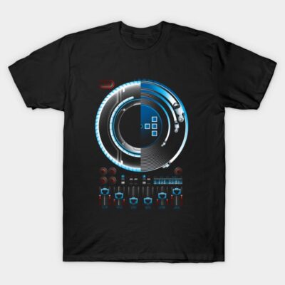 Black unisex t-shirt with futuristic blue and silver DJ mixer design, perfect for music enthusiasts and casual wear.