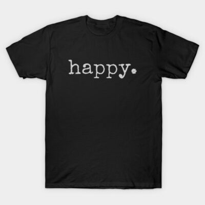 Black cotton T-shirt with "happy" text design, casual style, perfect for everyday wear.