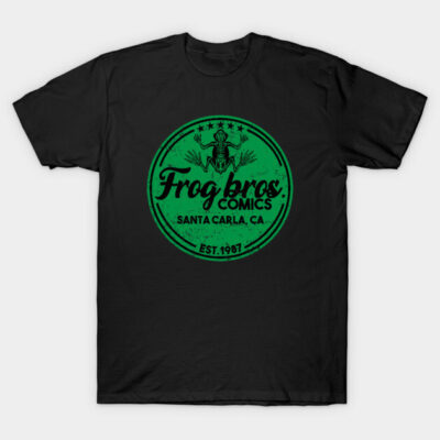 Black t-shirt with green Frog Bros Comics logo, vintage style, casual wear, 100% cotton.