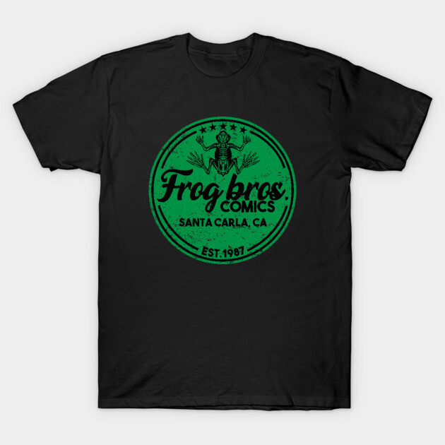 Black t-shirt with green Frog Bros Comics logo, vintage style, casual wear, 100% cotton.