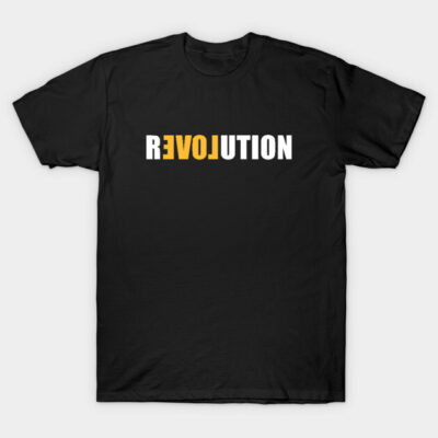 "Black cotton T-shirt with bold 'Revolution' text design, casual style, comfortable fit for everyday wear."