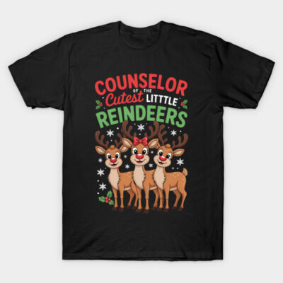 Black Christmas-themed t-shirt featuring cute reindeer design, perfect for holiday celebrations and festive wear.