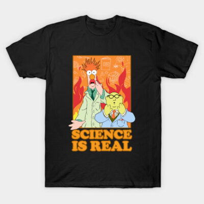 Black graphic t-shirt featuring colorful cartoon scientists with "Science Is Real" text, casual wear.