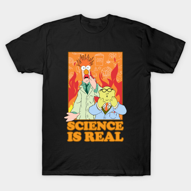 Black graphic t-shirt featuring colorful cartoon scientists with "Science Is Real" text, casual wear.