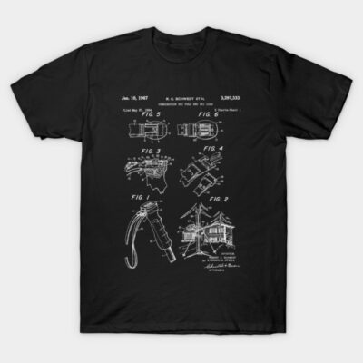 Black T-shirt featuring vintage patent design in white, casual style, ideal for tech enthusiasts or history buffs.