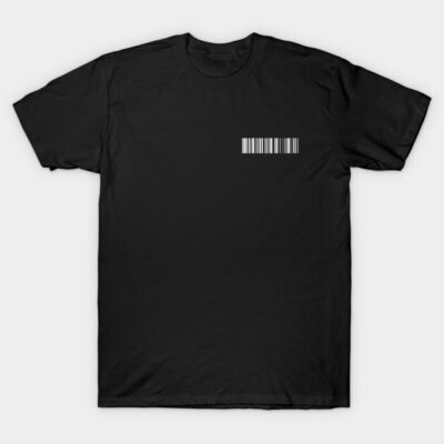 Black cotton t-shirt with minimalist white barcode design on front, casual style for everyday wear.