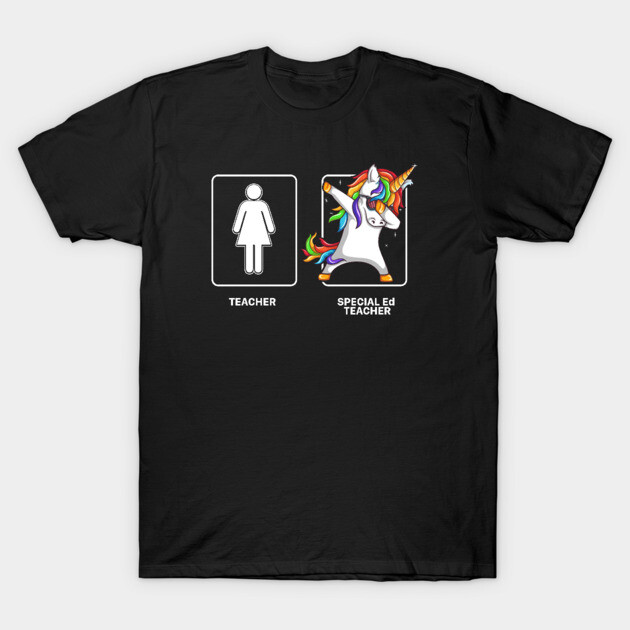 Black cotton t-shirt with unicorn and teacher graphic, colorful design, casual wear, humorous style.