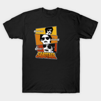 Black graphic t-shirt featuring colorful retro design with bold text, ideal for casual wear and pop culture fans.