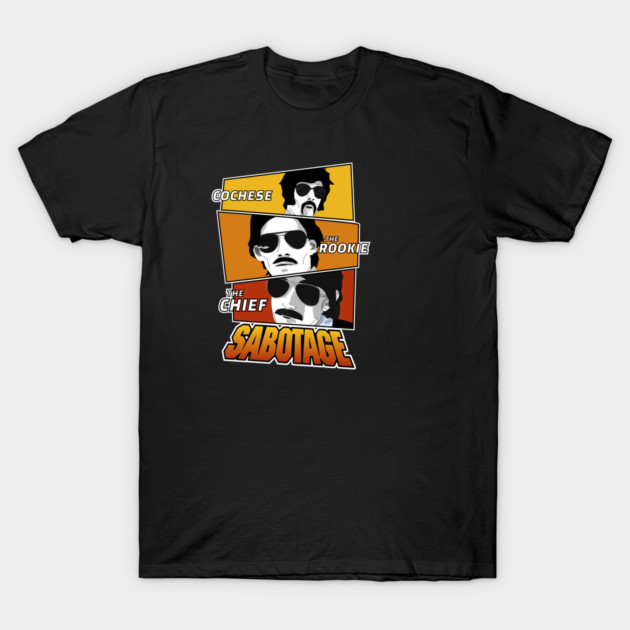 Black graphic t-shirt featuring colorful retro design with bold text, ideal for casual wear and pop culture fans.