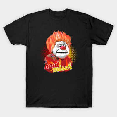 Black T-shirt with colorful cartoon character and "heat miser" text design, ideal for casual wear.
