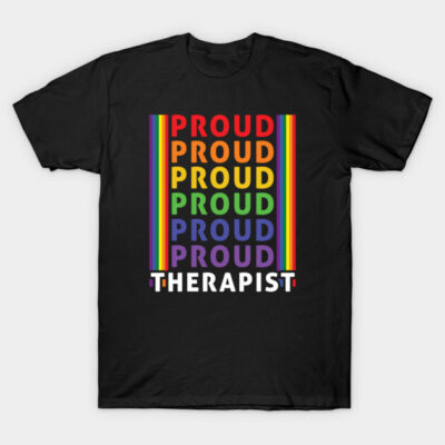 Black T-shirt with colorful "Proud Therapist" text, rainbow design, cotton material, casual wear.