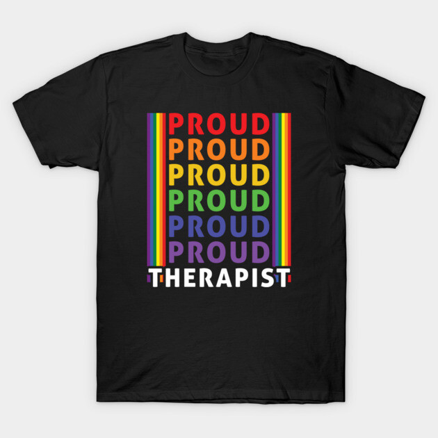 Black T-shirt with colorful "Proud Therapist" text, rainbow design, cotton material, casual wear.