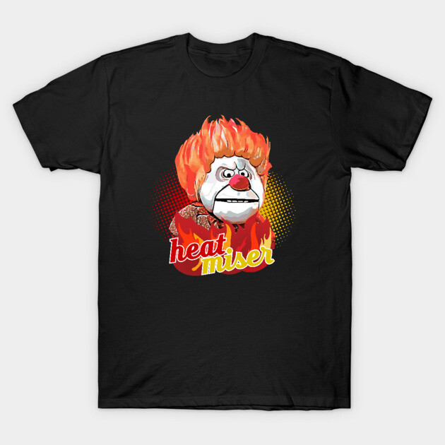 Black T-shirt with colorful cartoon character and "heat miser" text design, ideal for casual wear.
