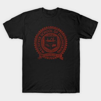 Black graphic t-shirt with red "School of Engineering" emblem, casual style, cotton blend material.