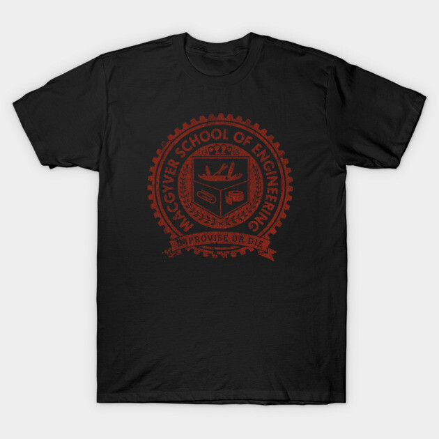 Black graphic t-shirt with red "School of Engineering" emblem, casual style, cotton blend material.