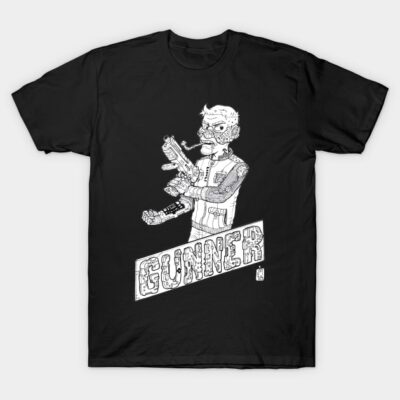 Black t-shirt with graphic print of cyborg holding a gun, featuring bold "Gunner" text in white. Casual wear.