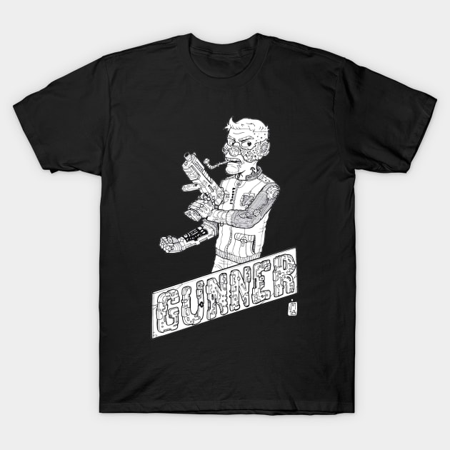 Black t-shirt with graphic print of cyborg holding a gun, featuring bold "Gunner" text in white. Casual wear.