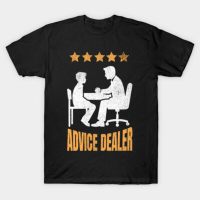 Black "Advice Dealer" t-shirt with graphic design, casual style, short sleeves, cotton material, perfect for everyday wear.