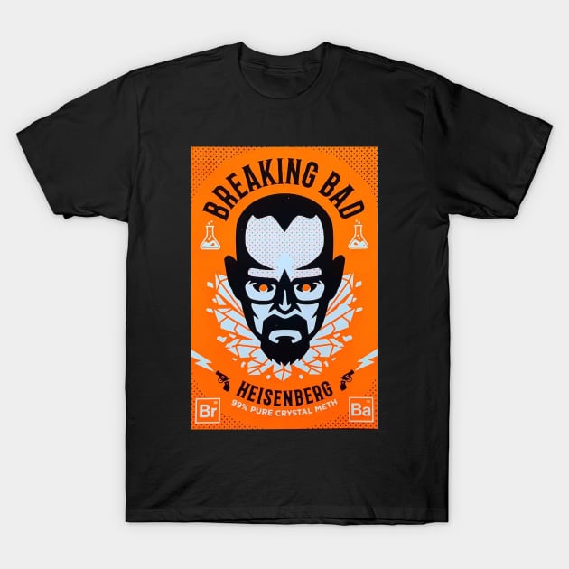 Black graphic t-shirt with bold orange and blue design, featuring chemistry-themed artwork and text. Cotton material.