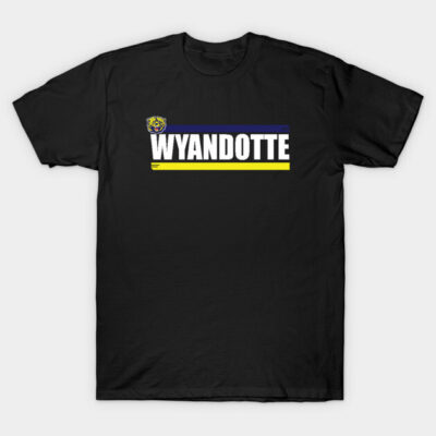 Black "Wyandotte" graphic t-shirt, casual wear, featuring bold text and colorful stripes, perfect for everyday style.