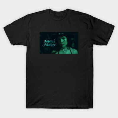 Black graphic tee featuring green "Manic Halsey" design, casual style, soft cotton material, unisex fit.