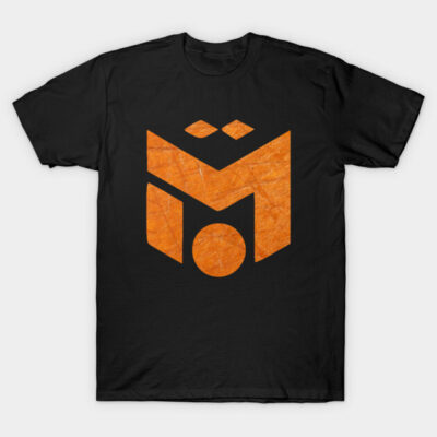Black t-shirt with bold orange geometric logo design, casual style, perfect for everyday wear.