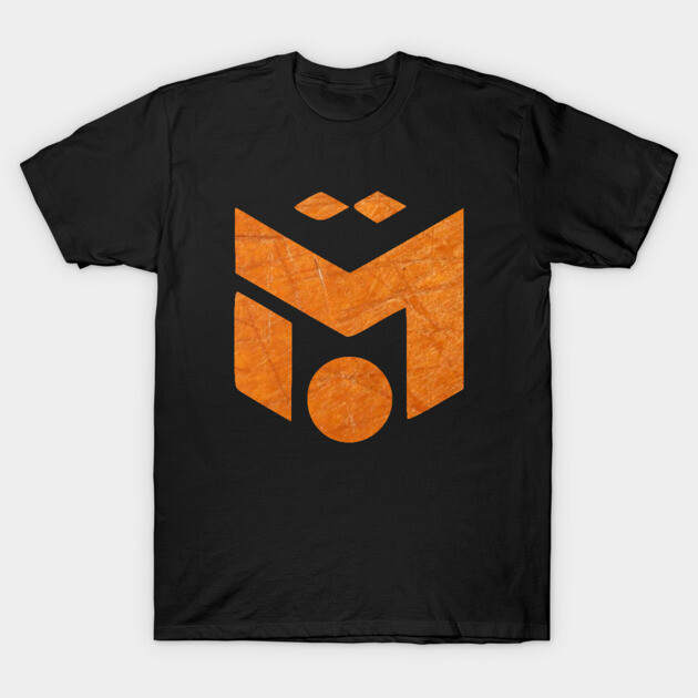 Black t-shirt with bold orange geometric logo design, casual style, perfect for everyday wear.