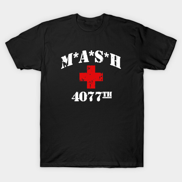 Black MASH 4077th t-shirt with red cross graphic, casual style, cotton material, unisex design for fans and everyday wear.