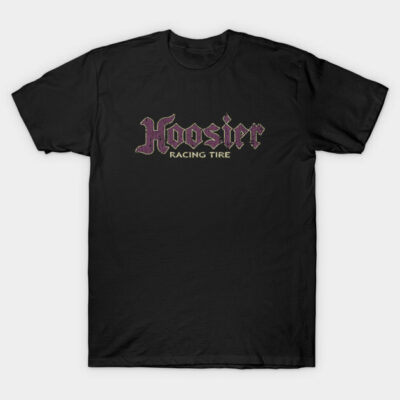 Black t-shirt with "Hoosier Racing Tire" graphic, casual style, cotton material, ideal for motorsport enthusiasts.