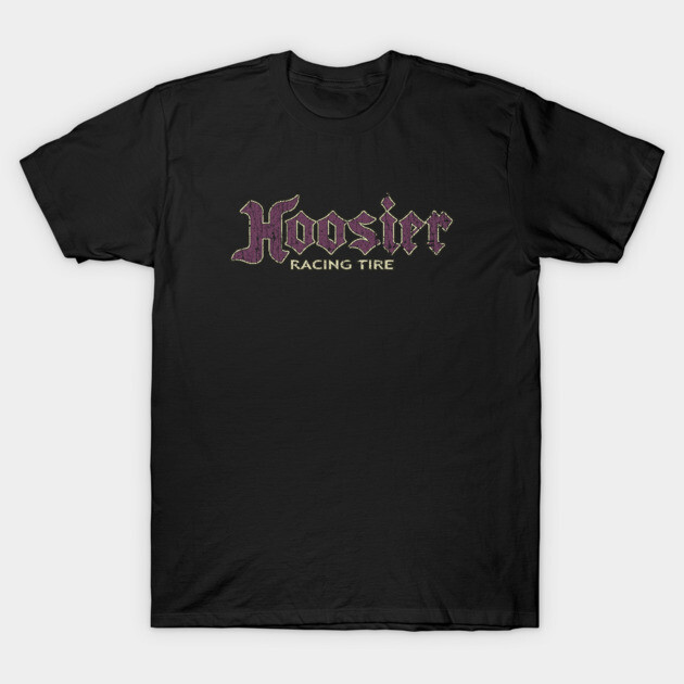 Black t-shirt with "Hoosier Racing Tire" graphic, casual style, cotton material, ideal for motorsport enthusiasts.