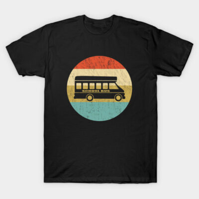 Black vintage school bus graphic T-shirt with a retro circle design, casual wear, cotton fabric.