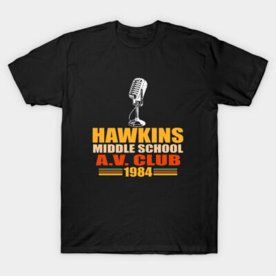 Black retro-style t-shirt with vintage microphone graphic and "Hawkins Middle School A.V. Club 1984" text.