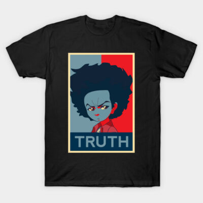 Black t-shirt featuring bold graphic design with text "Truth," suitable for casual wear.