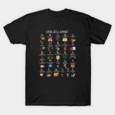 Black t-shirt featuring colorful coping skills alphabet design, casual wear, 100% cotton, unisex style.