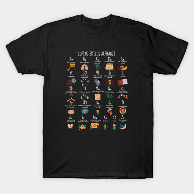 Black t-shirt featuring colorful coping skills alphabet design, casual wear, 100% cotton, unisex style.