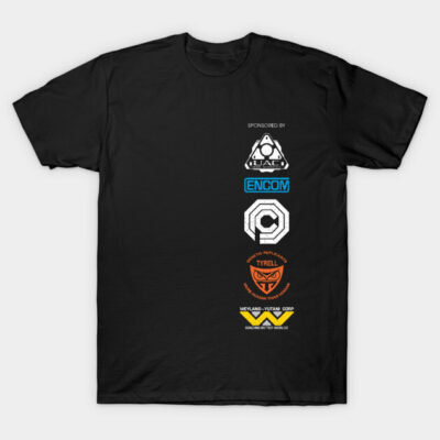 Black graphic t-shirt with colorful vintage logos, casual wear, cotton material, unisex style for everyday use.