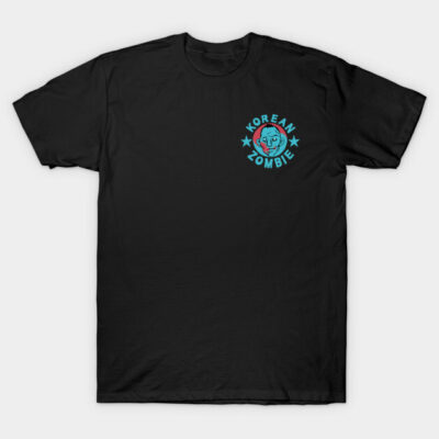 Black "Korean Zombie" graphic tee, short-sleeve, cotton, casual wear, blue and red design on front.