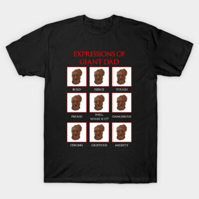 Black T-shirt featuring "Expressions of Giant Dad" design with various text and images, perfect for casual wear.