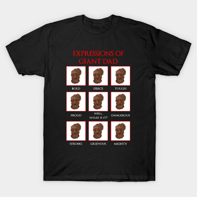 Black T-shirt featuring "Expressions of Giant Dad" design with various text and images, perfect for casual wear.