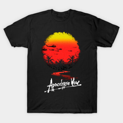 Black t-shirt with sunset graphic and palm trees, featuring "Apocalypse Wow" text. Casual wear, cotton material.