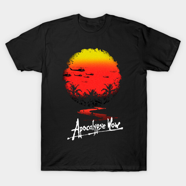 Black t-shirt with sunset graphic and palm trees, featuring "Apocalypse Wow" text. Casual wear, cotton material.