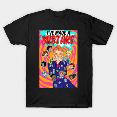 Black graphic t-shirt with colorful retro comic-style design, featuring text "I've Made a Mistake." Casual wear.