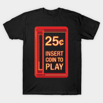 Black T-shirt with retro arcade "Insert Coin to Play" design in red and yellow. Casual wear, cotton material.