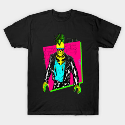 Black t-shirt with neon punk skeleton graphic, vibrant colors, edgy style, perfect for casual wear or concerts.