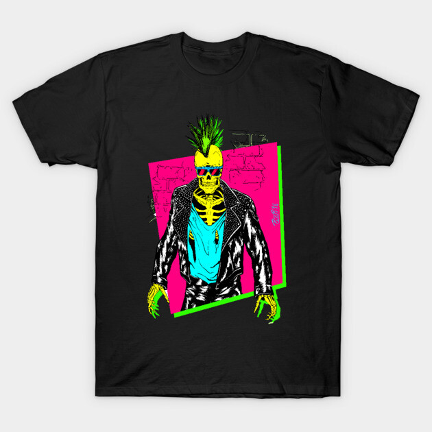 Black t-shirt with neon punk skeleton graphic, vibrant colors, edgy style, perfect for casual wear or concerts.