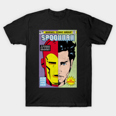 Black graphic t-shirt featuring a comic book-style design with colorful illustrations and bold text.