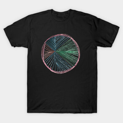 Black t-shirt with colorful abstract circle design, casual style, made from soft cotton, perfect for everyday wear.