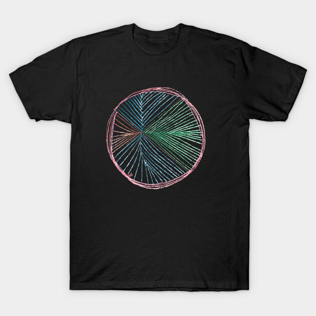 Black t-shirt with colorful abstract circle design, casual style, made from soft cotton, perfect for everyday wear.