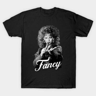 Black graphic t-shirt with microphone design and "Fancy" text, perfect for casual wear and statement style.
