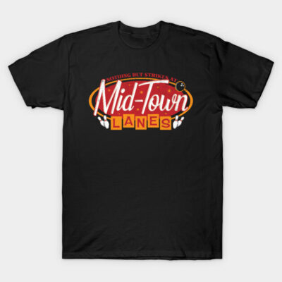 Black "Mid-Town Lanes" graphic tee, vintage bowling design, cotton material, casual wear.